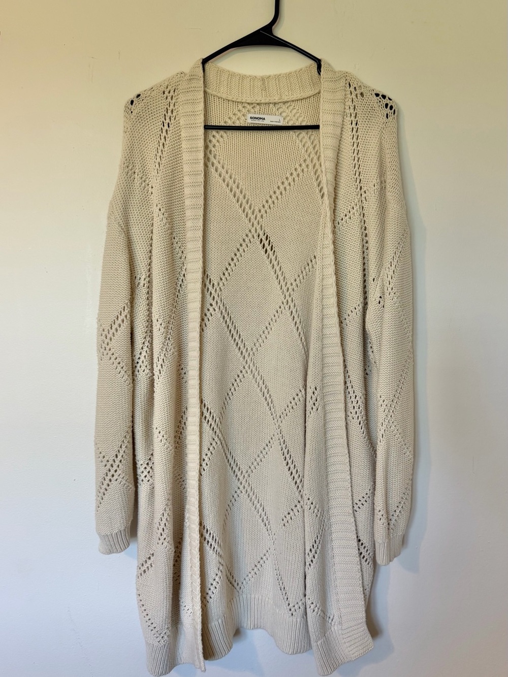 Sonoma Cream Open-Knit Diamond Pattern Cardigan